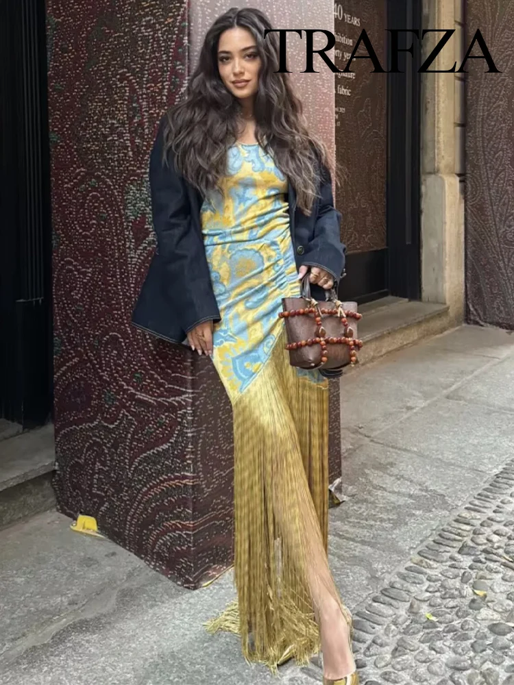 

HH Women Printed Tassel Spliced Dress Summer Beach Vacation O Neck Dress Female Fashion Sexy Slim Robe Vestidos Casual Dress