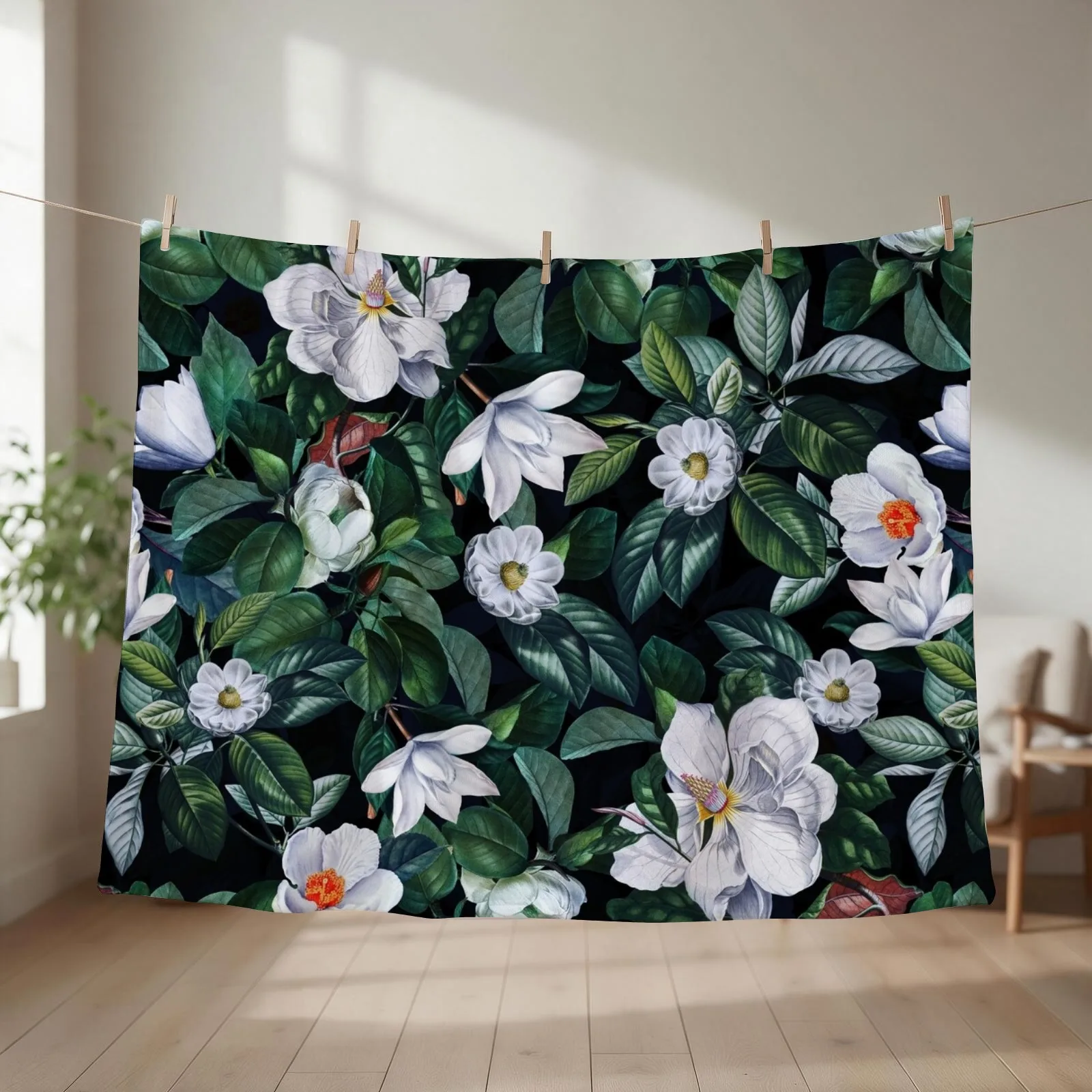 Vintage Midnight Magnolia Garden Throw Blanket couch cozy soft plush fuzzy picnic outdoor blanket