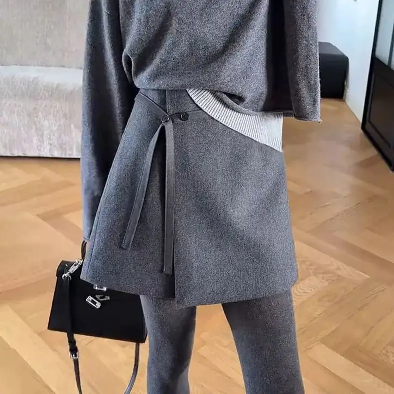 

Серая шерстяная юбка А-силуэта для женщин, новинка зимы 2026, элегантная, простая и удобная, тонкая.