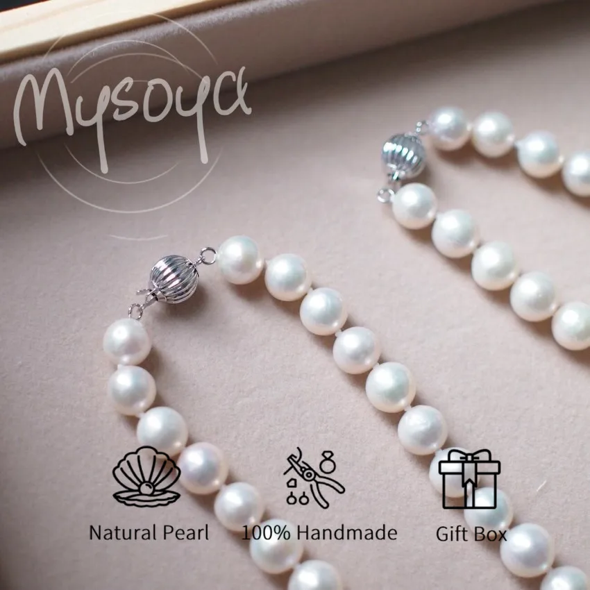 

MYSOYA 8-9 мм круглое ожерелье из пресноводного жемчуга разных размеров с подарочной коробкой идеальный подарок на свадьбу, день рождения, Рождество, Новый год
