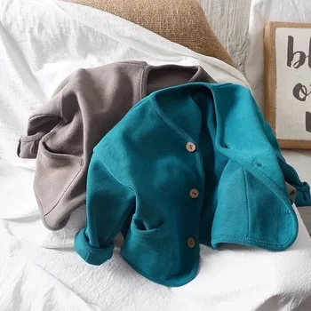 Korean Children's Loose Solid Color Long Sleeved Cardigan Autumn Style Pure Cotton Casual Top Jacket for Boys and Girls 3