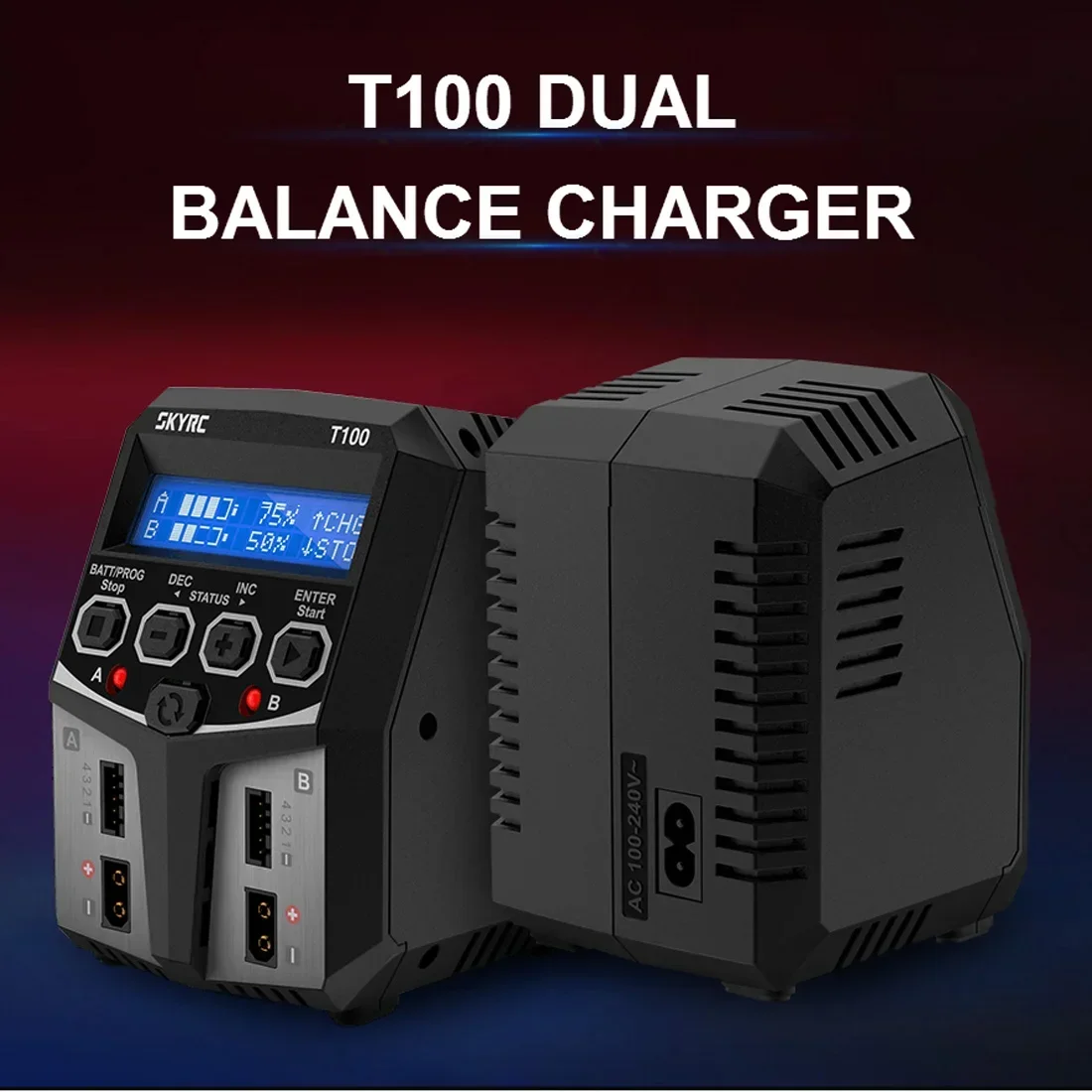 

SKYRC T100 AC Dual Battery Balance Charger 5A 2X50W 2-4S Compatible with NiMH/NiCd/LiPo/LiFe/Lilon/LiHV/Pb Batteries
