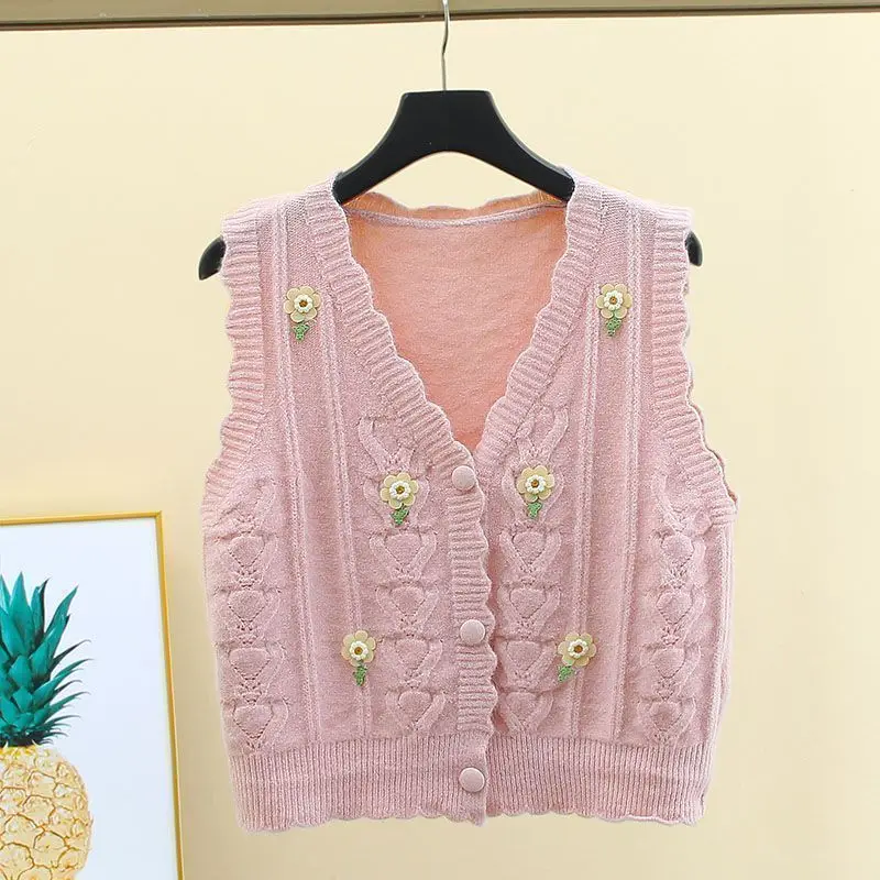 Pink Lady Sweaters Fashion Cropped Waistcoat Clothing 2025 Aesthetic Casual Wear To Work Trend Warm Flowers Knit Vests for Women