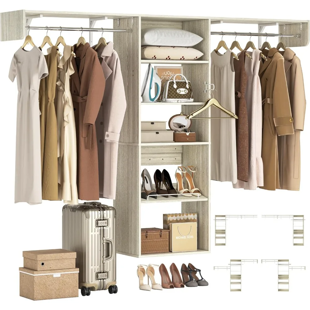 Closet Organizer System with Adjustable Shelves, 8FT Wood Closet Organizer Starter Kit Tower and Expandable Hang Rods, 96