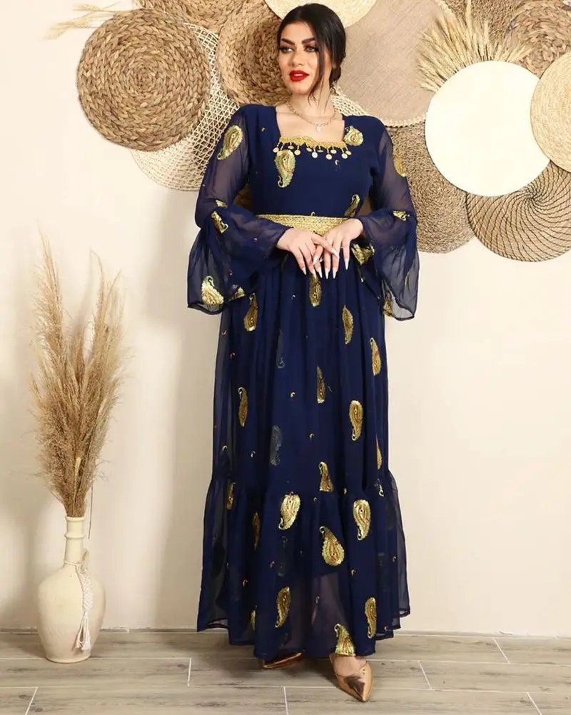 2022 Spring Chiffon Embroidered Band Belt Dress Summer Women\'s Clothing Sexy Long Maxi Loose Muslim Abaya Long Sleeve