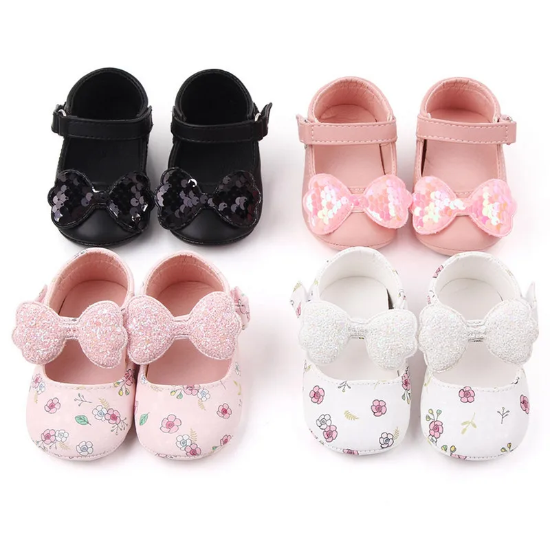 

Baby Girls Shoes First Walkers Cute Moccasinss Flower Print/Sequins Bow Decor PU Leather Flats Shoes Non-Slip Princess Shoes