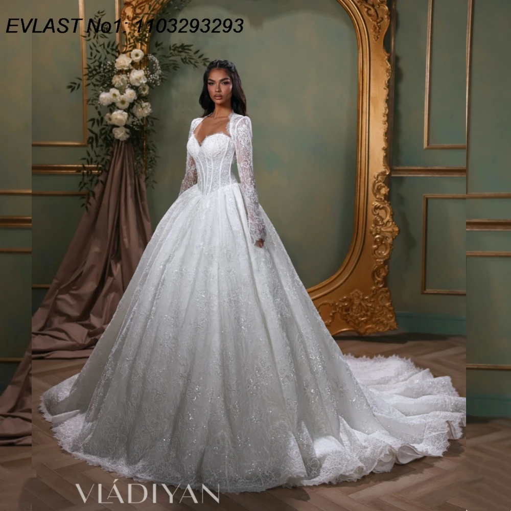 

EVLAST Customized Sparkly A Line Wedding Dress Sweetheart Lace Applique Beading Cape Bridal Bride Gowns Robe De Mariee TBD40