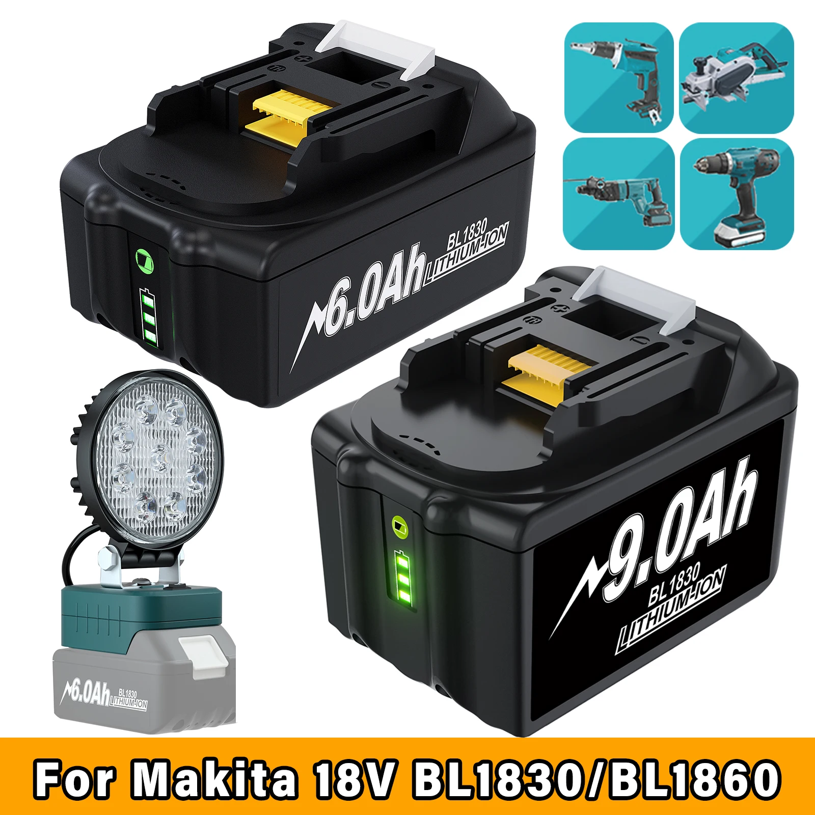 Powtree Voor Makita 18V Bl1850 Bl1830 Batterij 6. 0ah/9.0ah Li-Ion Vervangende Batterij Led-Verlichting Bl1860 Met 27W Werklamp Kamperen