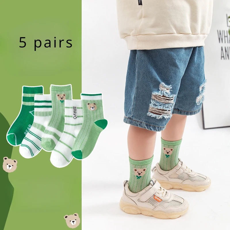 Five Pairs of Spring and Summer Children's Cartoon Bear Fashion Striped Boy's Mesh Breathable Sports Socks