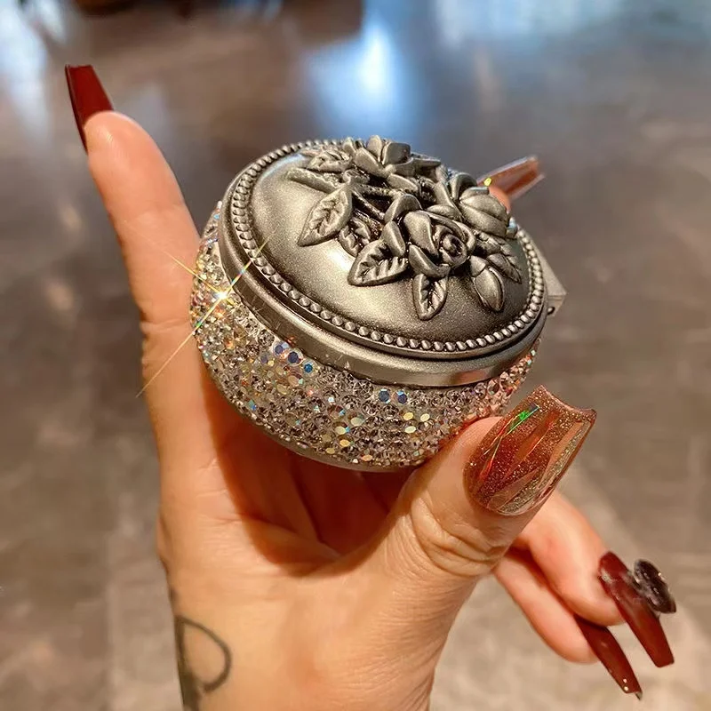 

Exquisite Rhinestone Jewelry Storage Box, Mini Metal Flower Design, Portable Case for Rings Earrings Necklaces