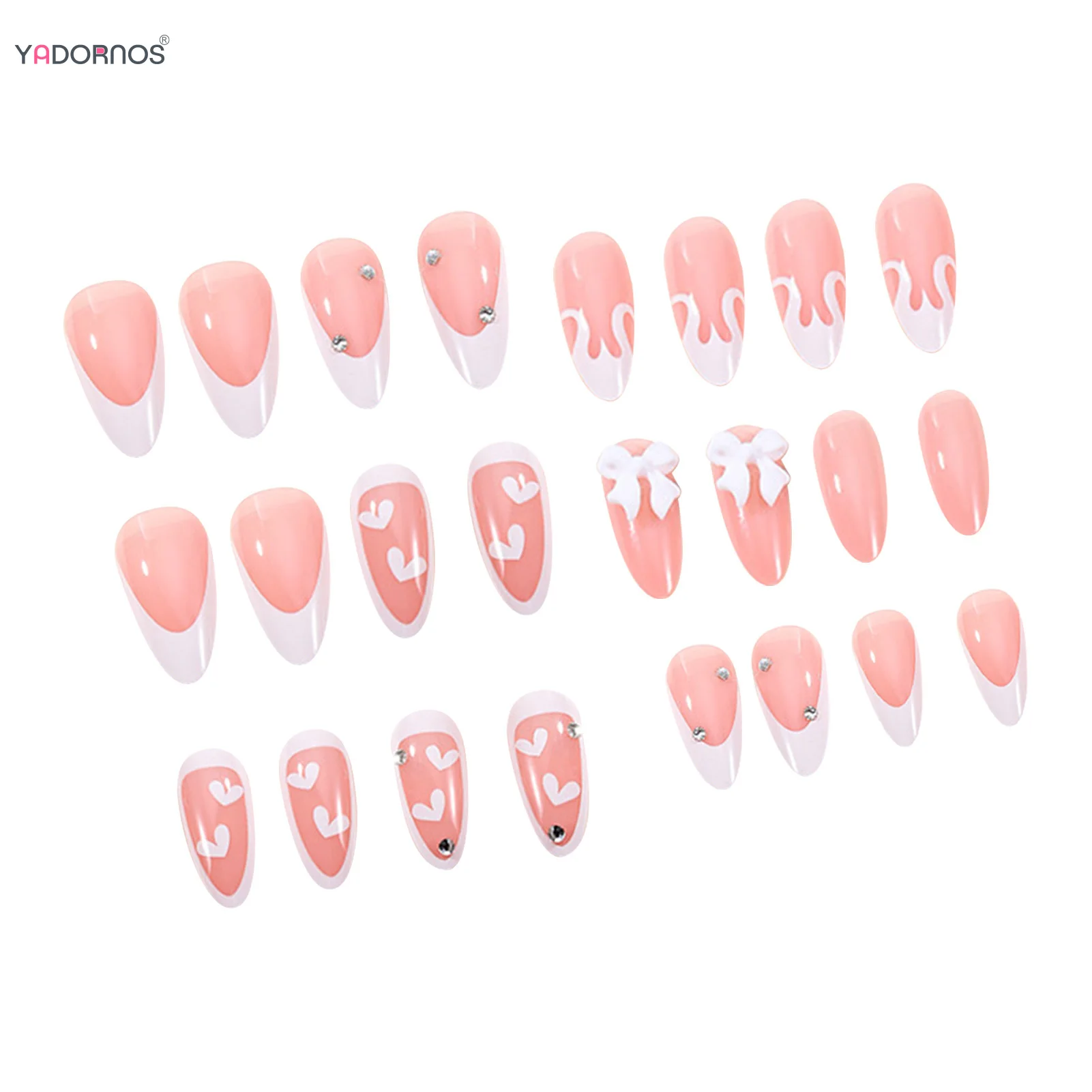 핑크 아몬드 프레스 네일, 프랑스 스타일, 3D 나비 매듭, 가짜 네일 팁, 광택 다이아몬드 디자인, 24 개