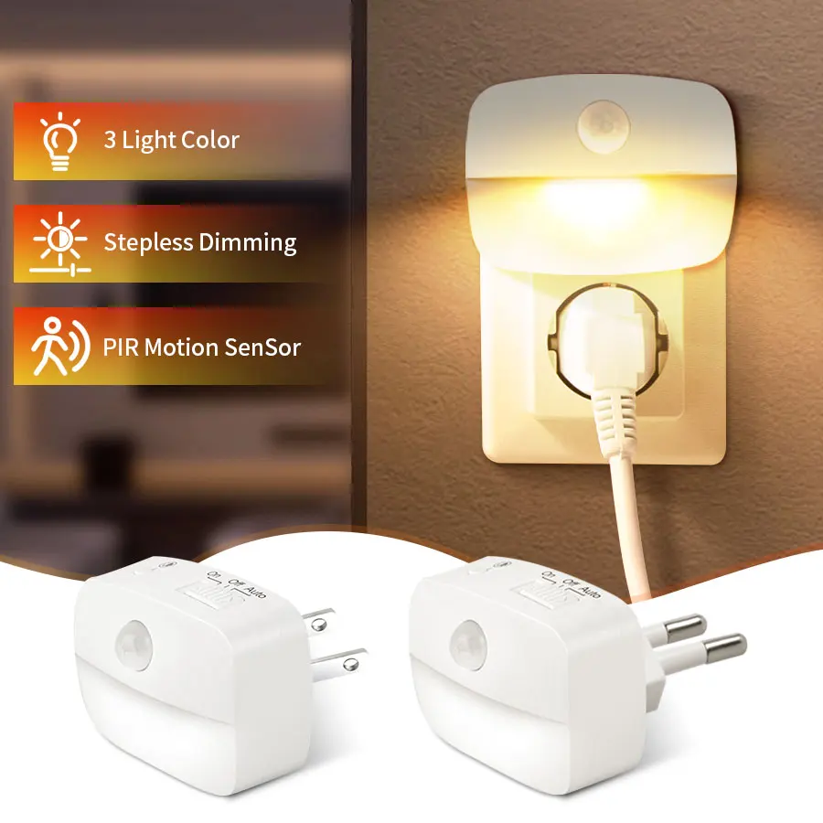 Motion Sensor LED Night Light EU US Plug Into Wall Dusk to Dawn Night Lamp Dimmable Bedroom Toilet Hallway Kitchen Night Lights