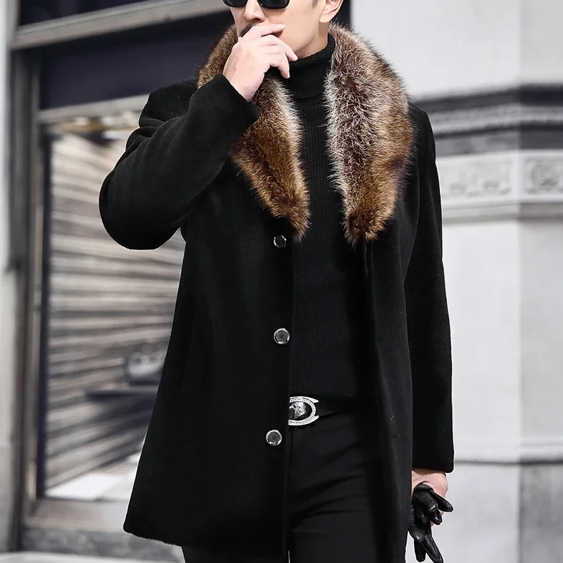 Winter Man Jacket Thicken Mid Length Fur Turn Down Collar Male Over Coat Single-breasted Long Sleeve Daily Men Windbreaker