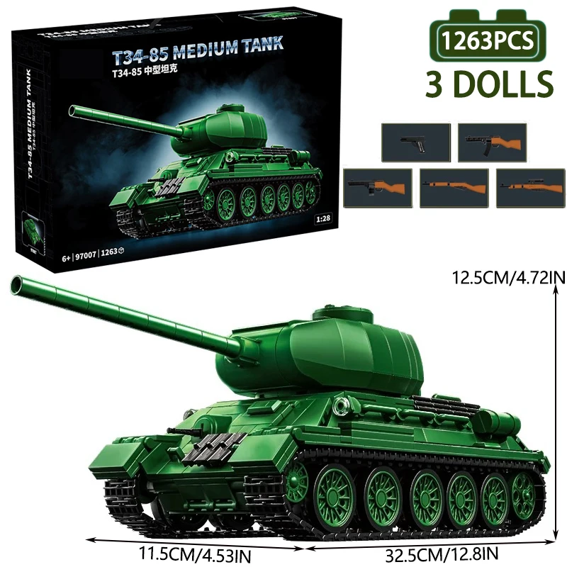 1:28 Militaire T34-85 Medium Tank Bouwstenen WW2 Leger Tank Gepantserde Voertuig Bricks Model Speelgoed Voor Kinderen Gift MOC