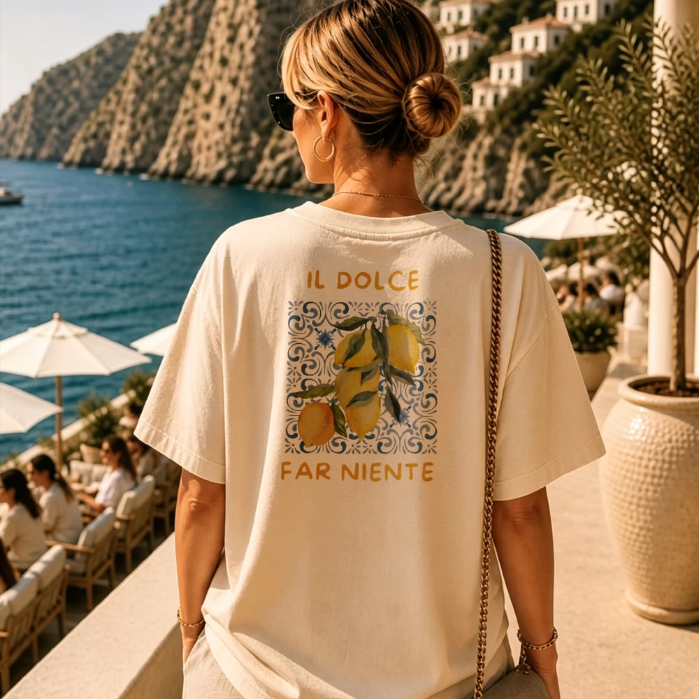 Il Dolce Far Niente Vintage Lemon Tile Boxy Women Tee, Italian Summer Top, Soft Cotton Blouse, European Coastal Travel Gift