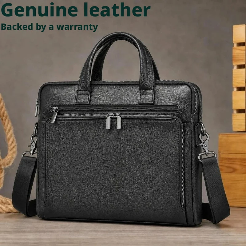 2026 new Genuine Leather Briefcase Men Bag Business cowhide double zipper Handbag Male Laptop Shoulder Bags Black Tote