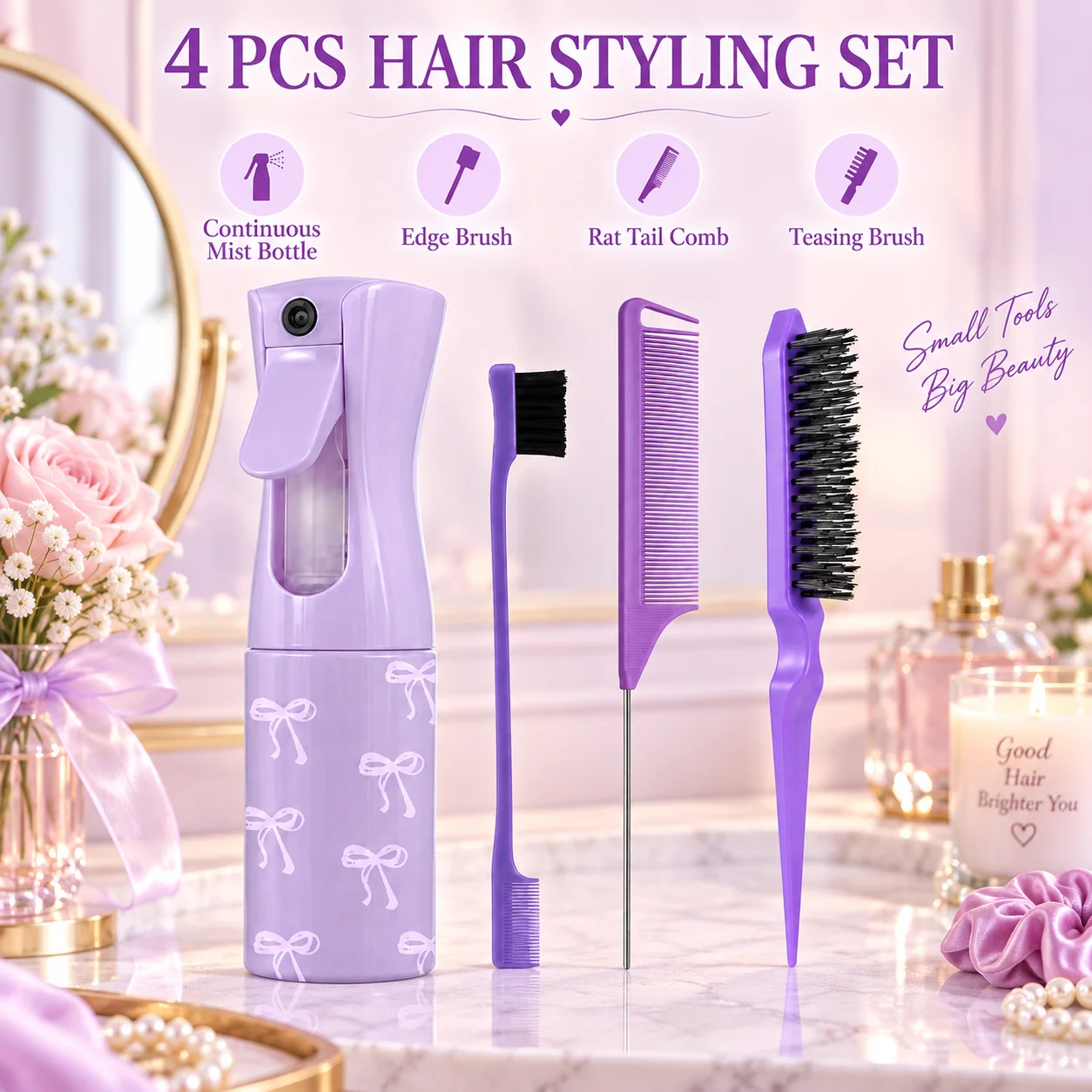 4Pcs Hair Styling Set Portable Hair Tools Continuous Mist Spray Bottle Edge Brush Rat Tail Comb Teasing Brush Salon Travel
