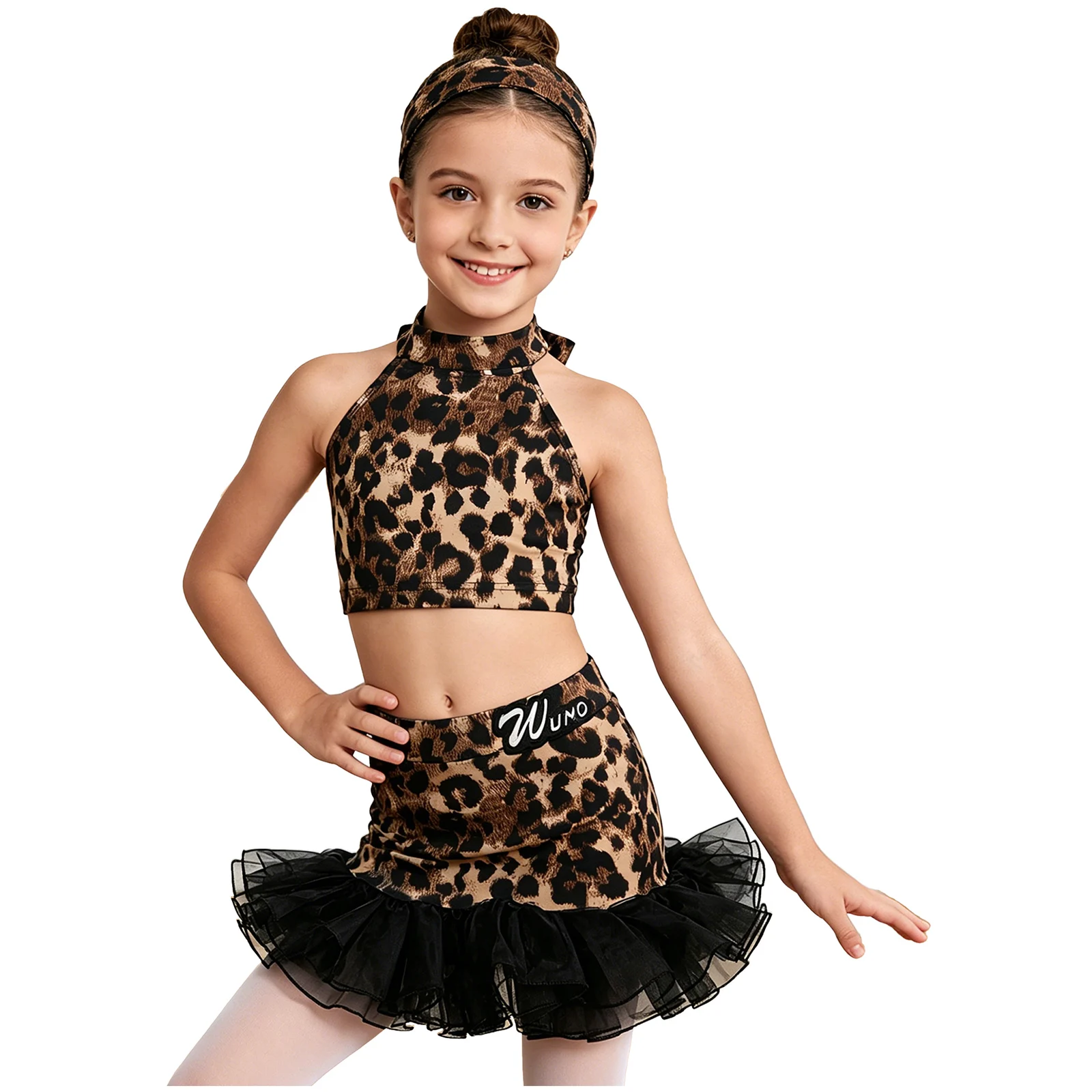 

Girls Latin Dance Costume Set Leopard Print Halter Self Tie Crop Top+Elastic Waist Ruffle Skirt+Headband Set for Tango Salsa