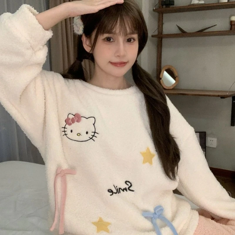 

Fashion Cozy Autumn Winter Hellokitty Pajamas for Girls Thickened Coral Velvet Long-sleeved Trousers Sweet Cute Soft Homeclothes