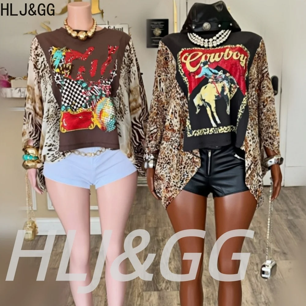 

HLJ&GG Trend Leopard Letter Print Batwing Sleeve Top Two Piece Sets Women Patchwork Loose Top+Leather Shorts Outfits Streetwear
