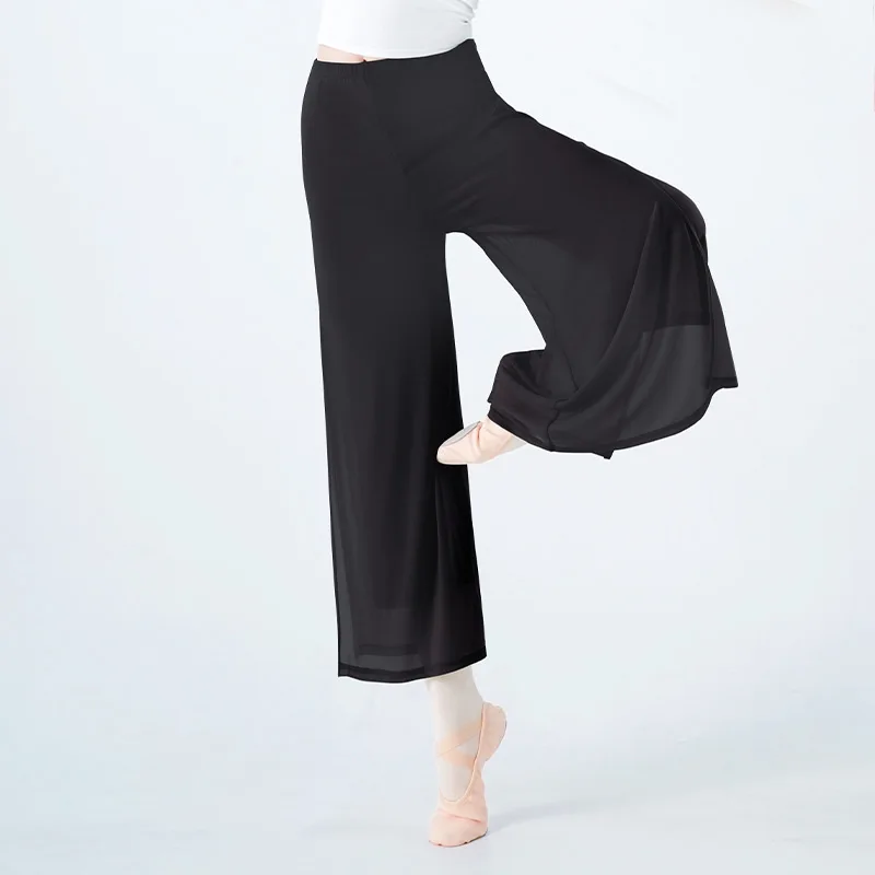 Pantaloni da ballo classici da donna pantaloni da ballo per pratica popolare cinese eleganti pantaloni con spacco laterale in rete a doppio strato per adulti