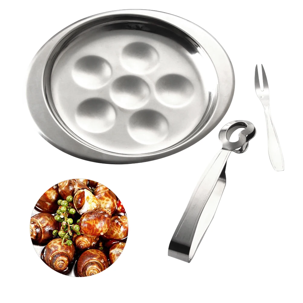 3PCS Stainless Steel 6 Compartment Snail Plate Set with Escargot Fork and Tongs for French Cuisine Dining