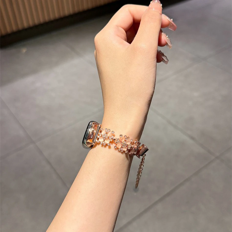 حزام ل Xiaomi Mi Band 9 8 7 Pro Miband 5/6/3/4 فاخر INS بريق حجر الراين الماس الأوبال سلسلة معدنية سوار حزام (استيك) ساعة