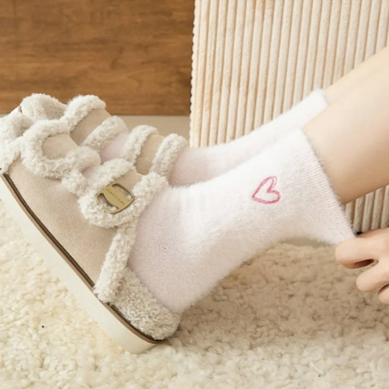 Thickened Middle Tube Socks Mink Fur Pink Embroidered Heart-shaped Women Autumn Winter Warm Sleep Home Solid Color Plush Sock