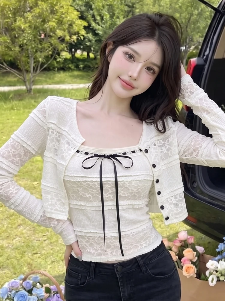 Elegant Pure Desire Long Sleeve Lace Open Cardigan Sexy Girl  Knot Tie Strap Tube Top Two Piece Set Hollow out Design