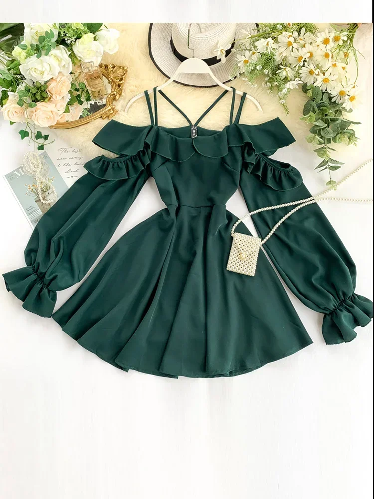 Women\'s Spring Summer New Dress Hollow Shoulder Ruffled Puff Sleeve A-line Dress Women Empire Slash Neck Short Dress ML733