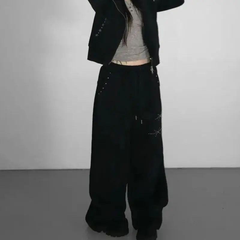 Deeptown Gray Rhinestones Women Sweatpants Black Vintage Wide Leg American Style Hip Hop Trousers Oversized Jogging Casual Thick