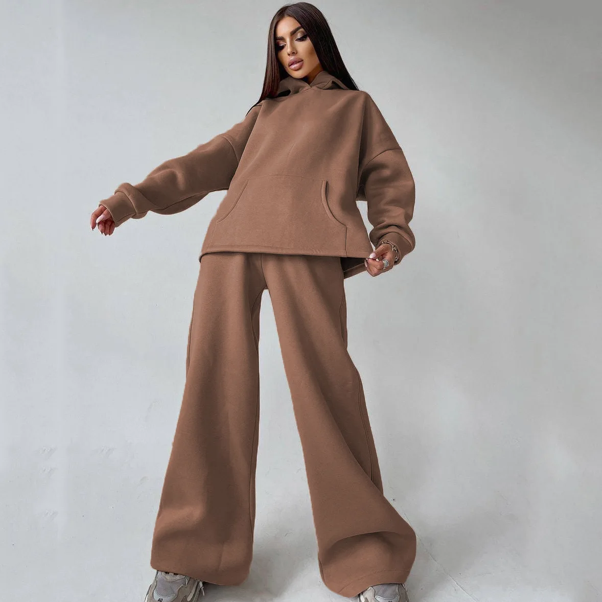 Autumn 2 Piece Set Women\'s Solid Color Loose Sports Pullover Hoodie+Fashion Casual Wide Leg Pantalones Two Piece Sets Women