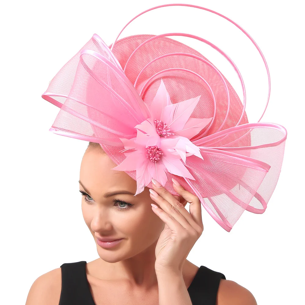 New Big Derby Cocktail Pink Fascinators Hats Wedding Chapeau Caps Headwear Elegant Women Ladies Female Hair Accessories