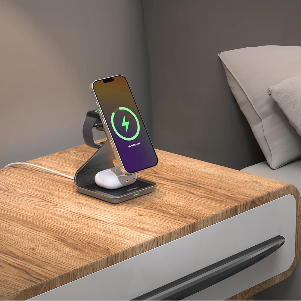 محطة شحن Bonola 3 في 1 لهاتف iPhone 17/16/15/14/13 حامل شاحن لاسلكي معدني مغناطيسي لساعة Apple/AirPods Pro #4