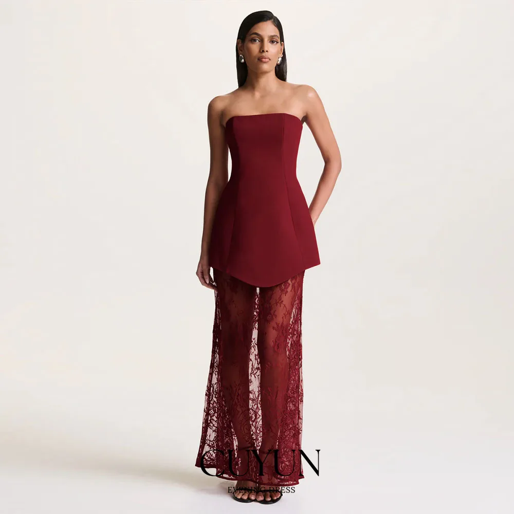 

CUYUN Customized Burgundy Women Prom Dresses 2026 Strapless Patchwork Jersey and Lace Evening Gown Formal Dinner Gown