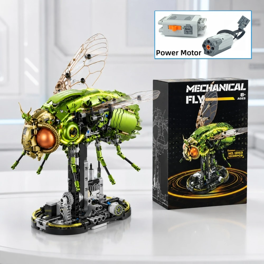 New 1038pcs STEM Drosophila Fly Building Blocks, Technical Cyberpunk Mechanical Linkage Insect Model, Gear Rotation Light Toy