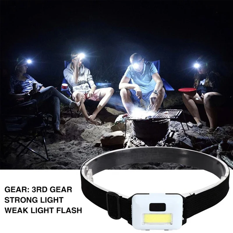 Farol LED COB portátil com 3 modos, mini faróis, lâmpada de cabeça para acampar, caminhadas, pesca, aventura, ciclismo, ao ar livre