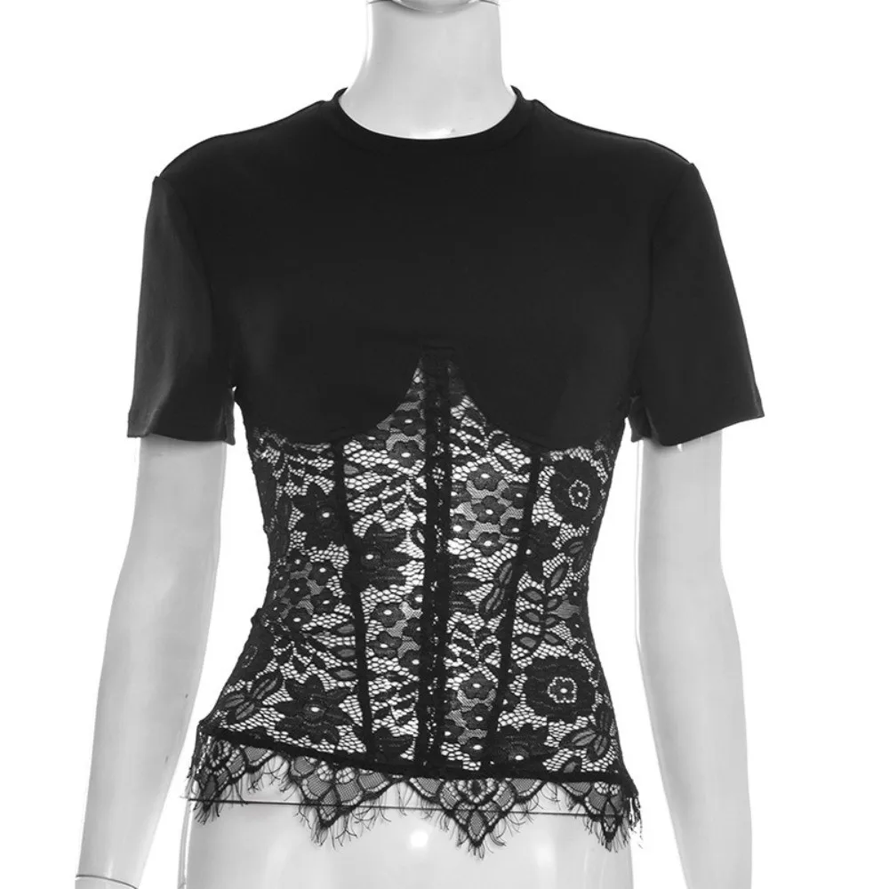Kanten ontwerp Kanten patchwork top Doorzichtige stof O-hals stijl Doorzichtige top Korte mouw Patchwork patroon O-hals top