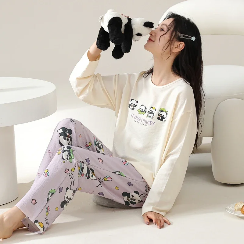 Cartoon Panda Womens Pajamas Sets Autumn Winter Long Sleeves Long Pants Cute Sleepwear Kawaii Pijamas Cozy Pyjamas Soft Girl Pjs