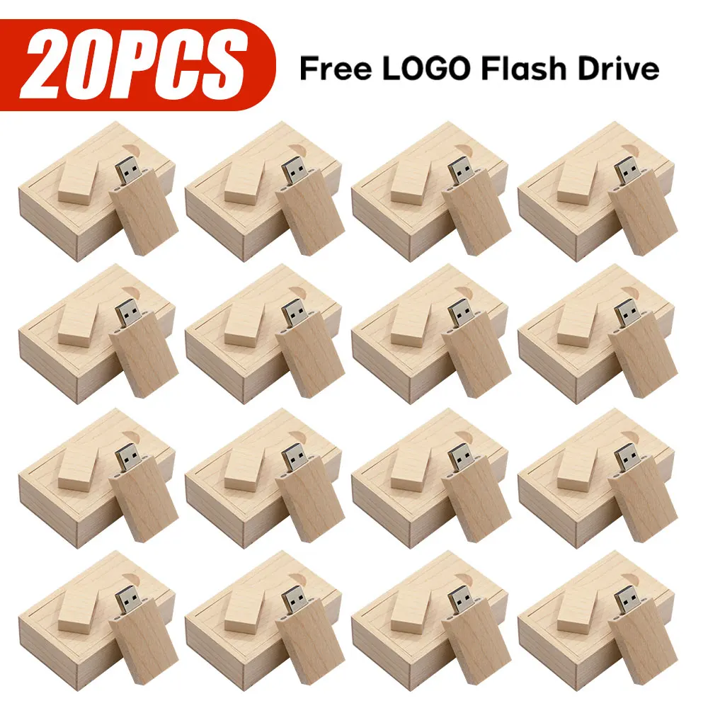 

20pcs/lot USB 2.0 Flash Drive 4GB Pen drive Wooden Box Free Personal LOGO Memory stick 32GB 128GB wedding Gift U disk Pendrive