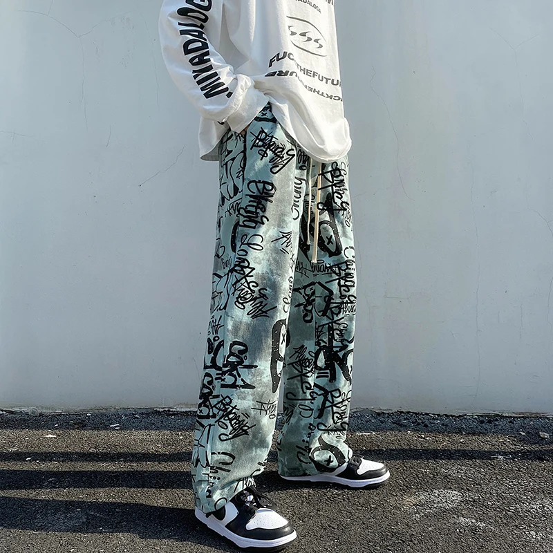 

Faionable Streetwear Men's Loose Straight Leg Pants Casual Comfortable Harajuku Sle Printed High Waist Trousers