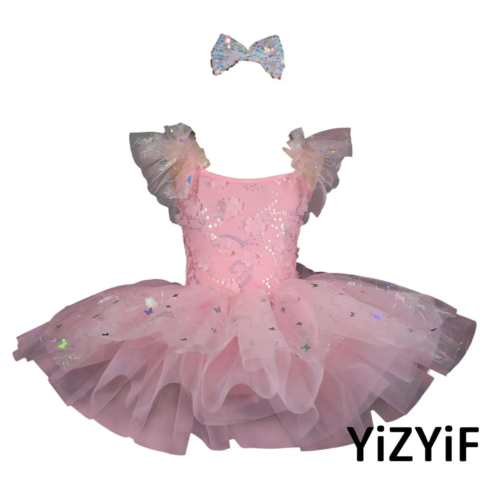 

Child Girls Ballet Lyrical Dance Costume Ruffle Flower Sequin Bodice Sparkly Butterfly Tulle Tutu Dress with Bow and Cuffs