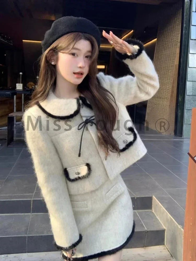 Winter Vintage Elegant Warm Two Piece Set Women Patchwork Kawaii Chic Skirt Suit Female Korean Bow Fur Coat + Mini Skirt 2023