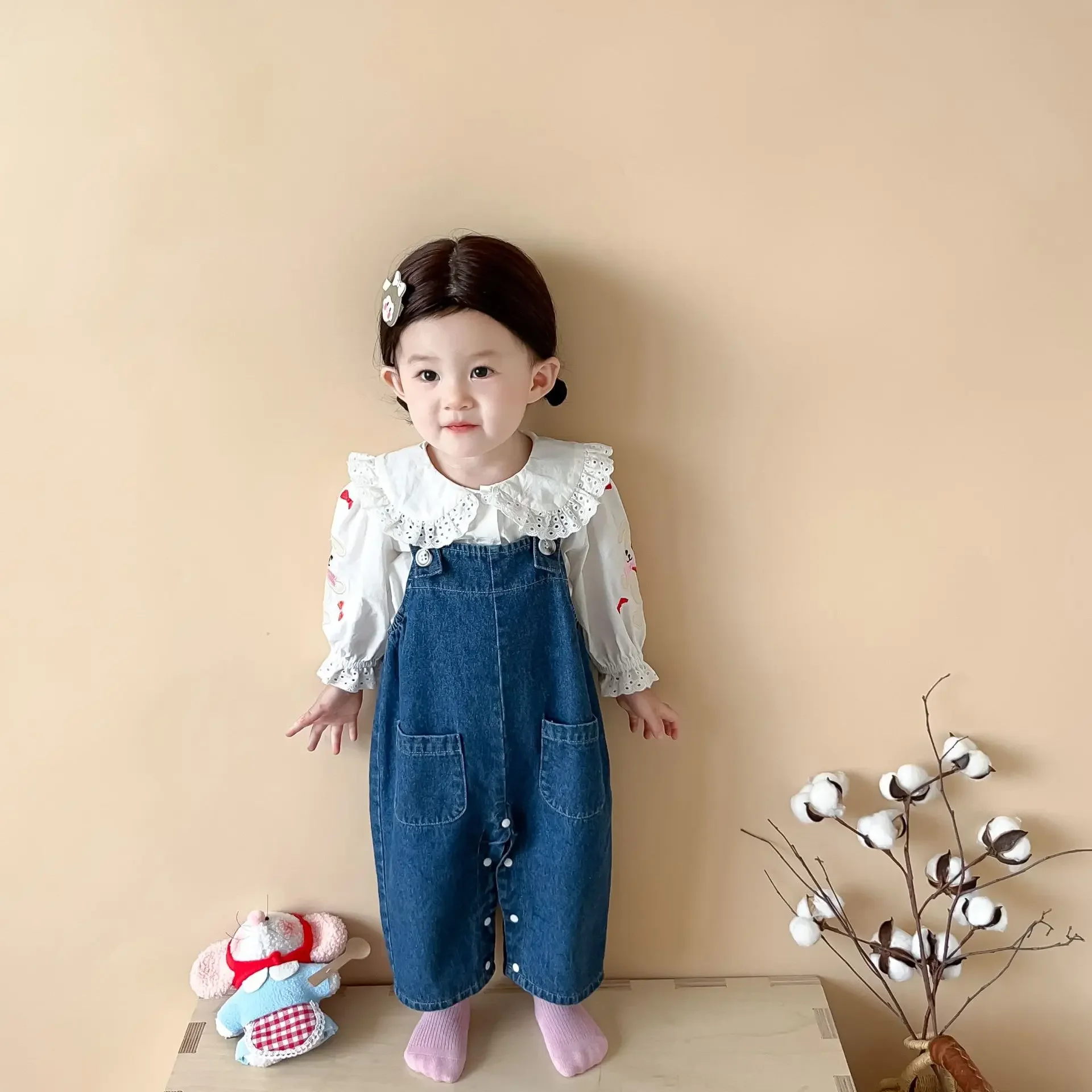 2024 Autumn New Baby Girl Sleeveless Denim Jumpsuit Toddler Girl Cute Rabbit Ear Overalls Infant Romper Kids Clothes 0-24M