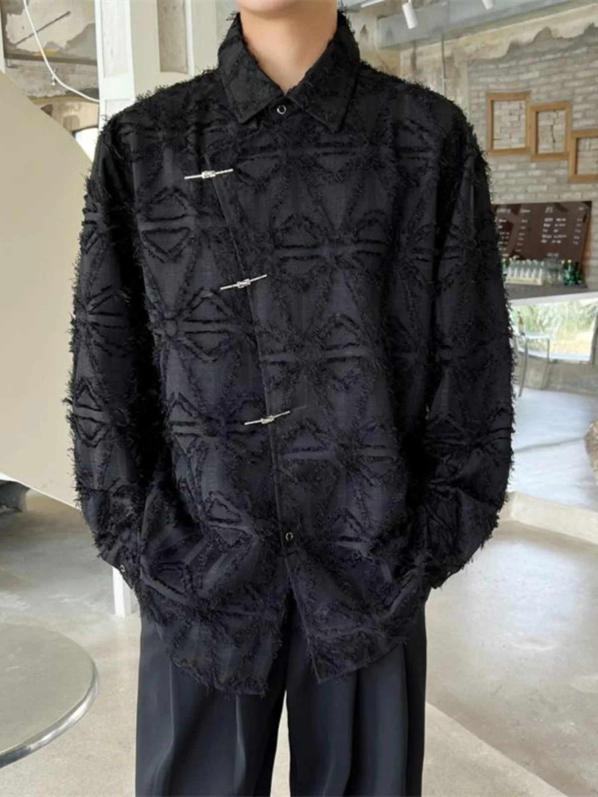 

Autumn Handmade Frayed Hem Long Sve Men's irt Retro Embroidery Metal Button Sli Trendy Youth Stand Fit