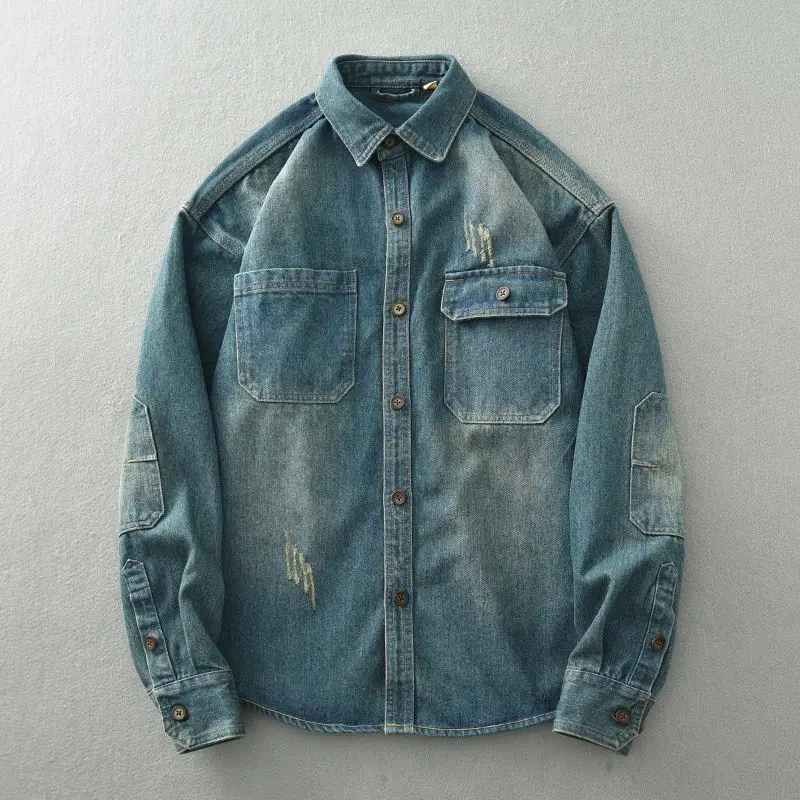 

American Style Washed Denim Shirt Men's Retro Casual Loose High Street Personality Jackets Men Tops Overcoat Male Clothes