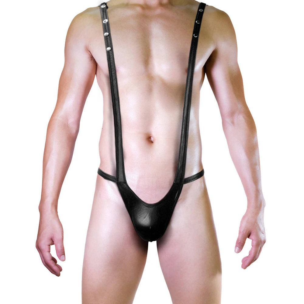 Sexy PU Leather Adjustable Bodysuit Men T-Back Underwear Bulge Pouch Thong Y-Shaped Suspender Jumpsuit Backless Gay Leotard