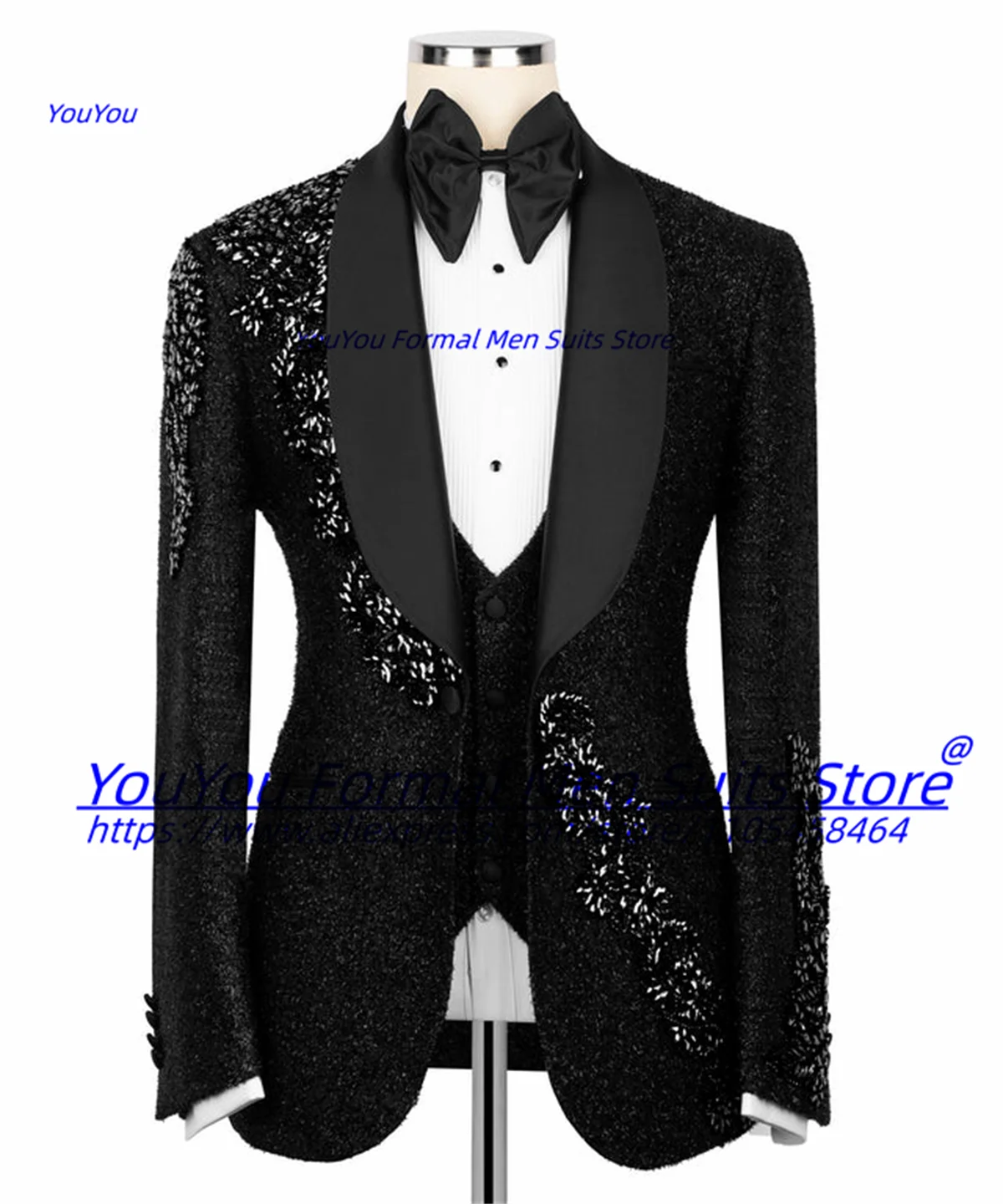High-end Shiny Black Men Suits Customized Slim Fit Notched Lapel Groom Wedding Tuxedos Gorgeous Rhinestone Embroidery 2 Pcs Sets