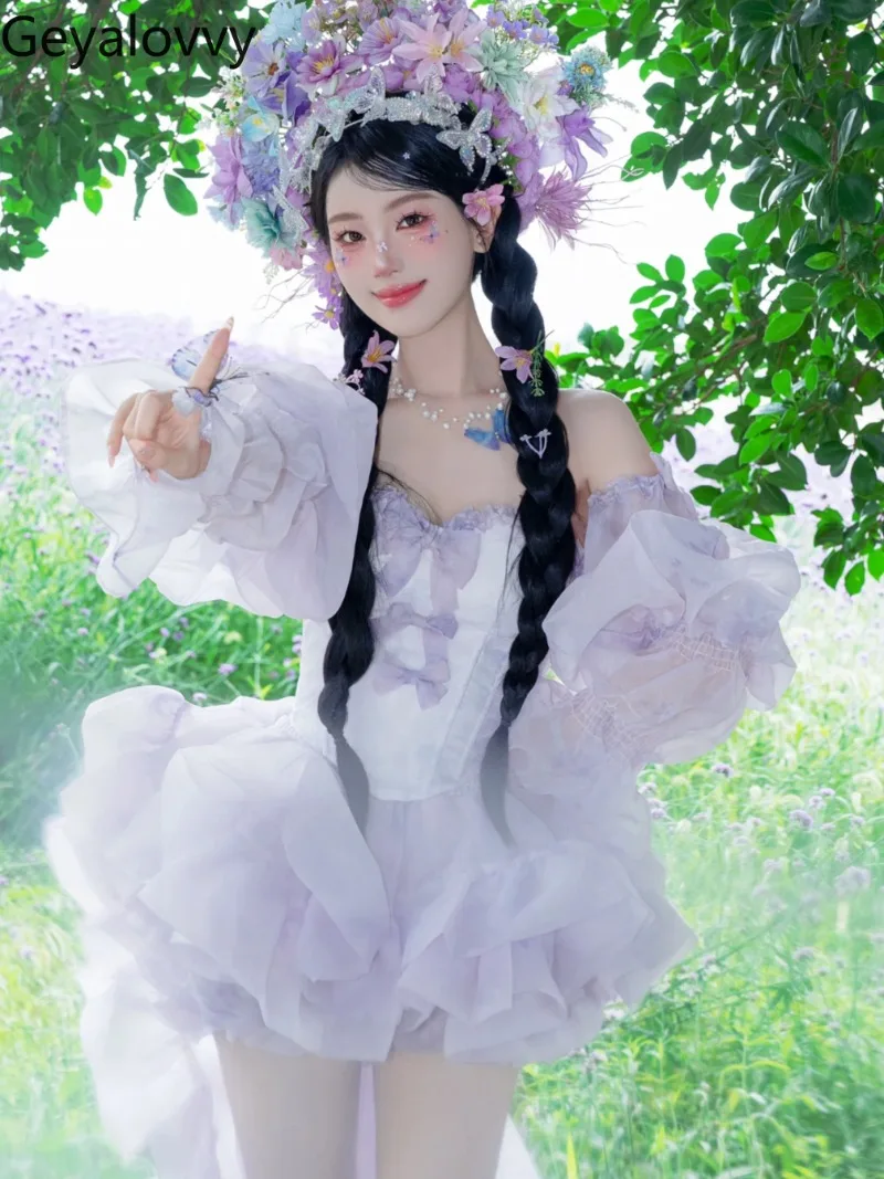 Summer Purple Outfits Princess Style Bow Trailing Slimming Tube Top and Elastic Waist Short Puff Skirt Sweet and Cute Girl Suit