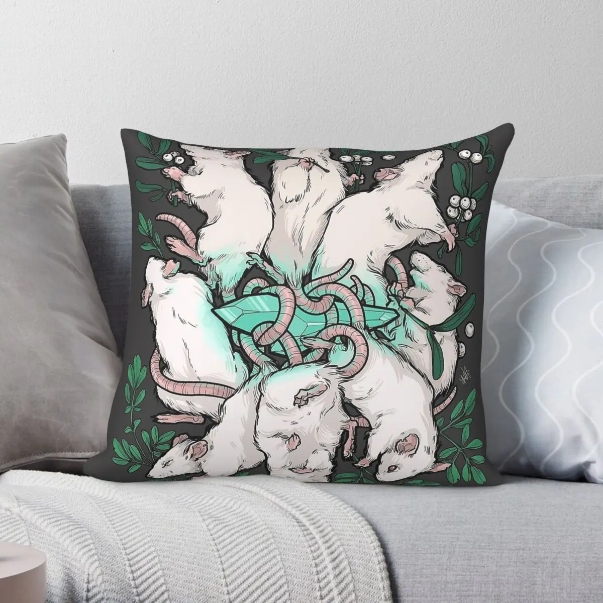 Rat King Teal Crystal Square Pillowcase Polyester Linen Velvet Printed Zip Decorative Car Cushion Cover 45x45
